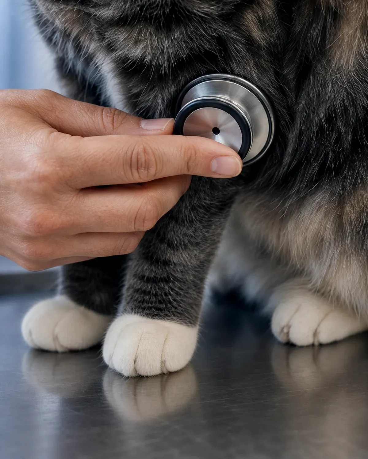 Mãos de veterinário com estetoscópio examinando um gato sobre a mesa de inox.